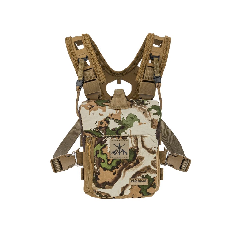 Camouflage binocular harness with tan straps, front pouch, and FHF GEAR logo.