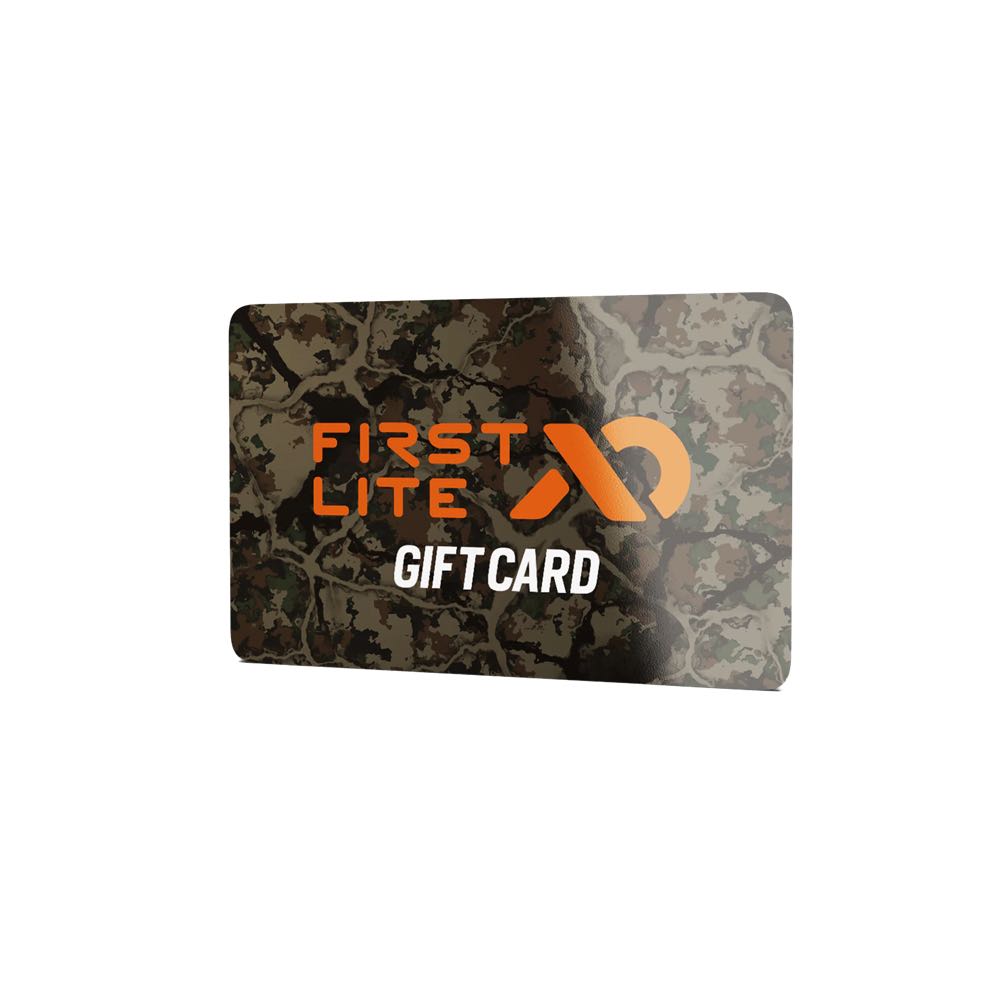 First Lite camouflage gift card with orange "FIRST LITE" logo and white "GIFT CARD" text.