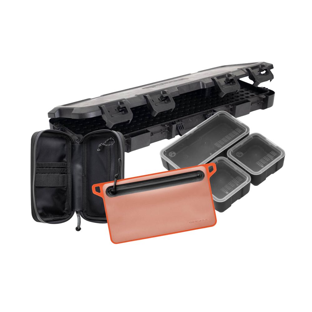 Modular storage system: black hard case, black pouch, orange flat pouch, 3 black containers.