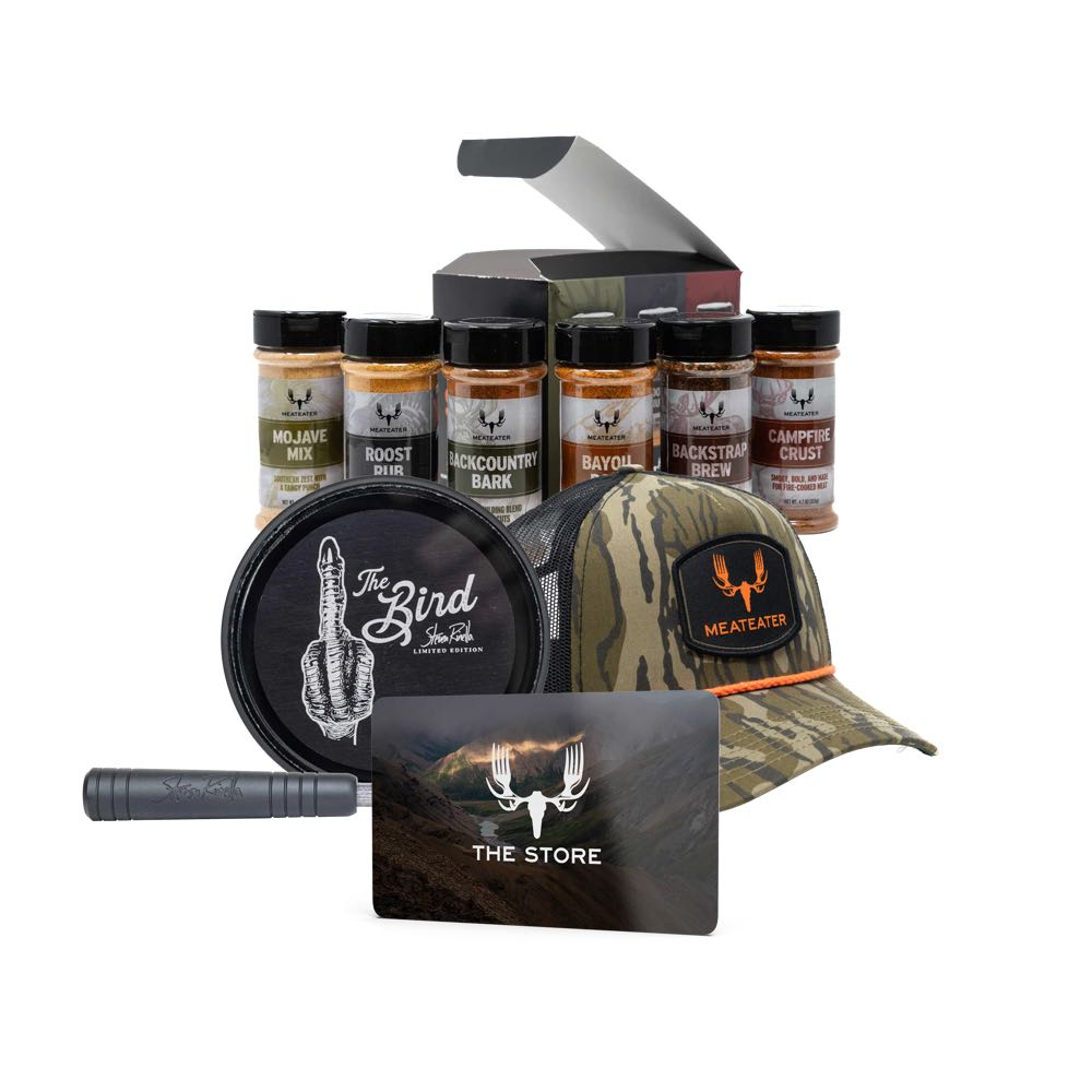 MeatEater bundle: 6 spice jars, camo hat, black 'The Bird' container, black call, gift card.