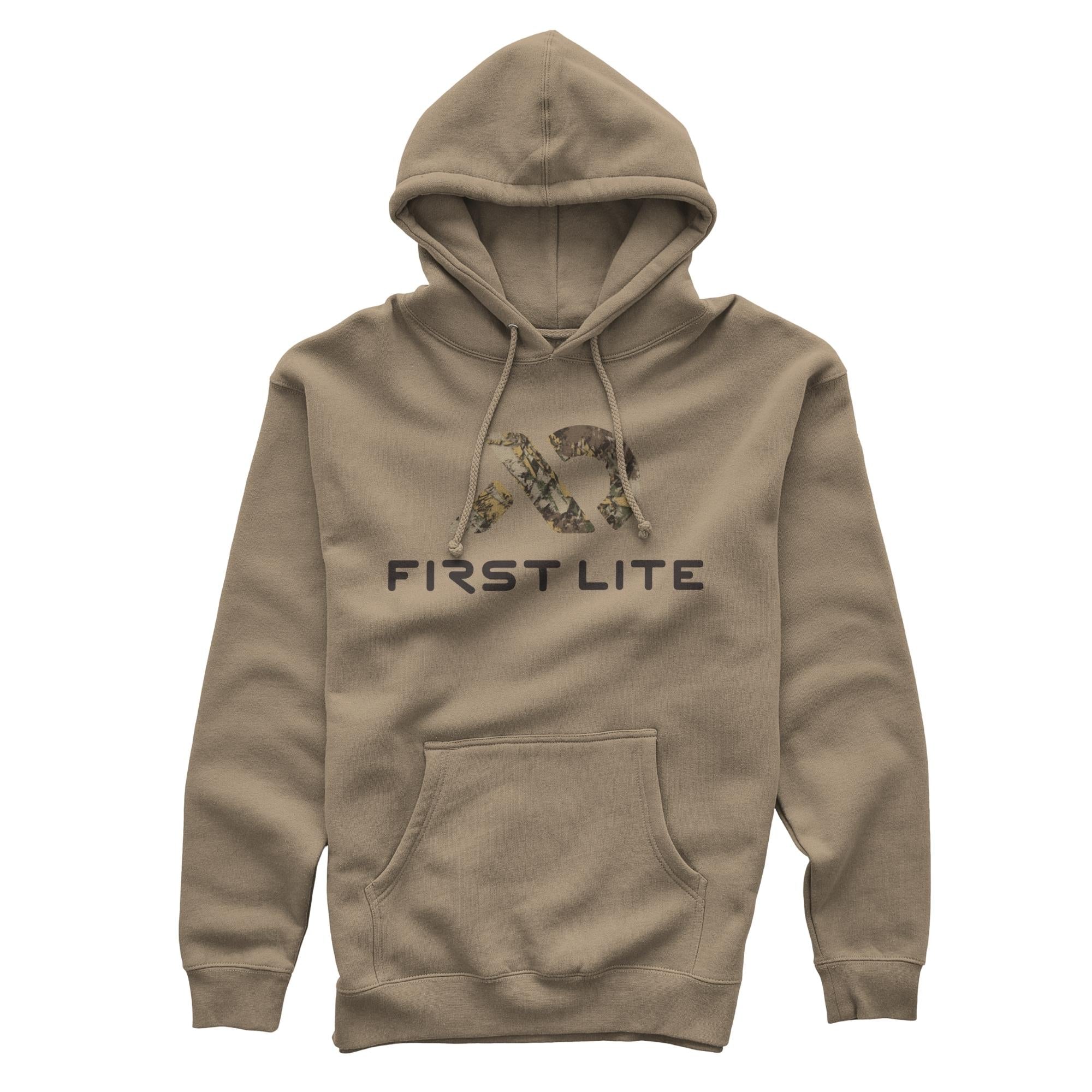 Sandstone hoodie with a hood, drawstrings, front kangaroo pocket, and a "FIRST LITE" logo with a camouflage "FL" design.
