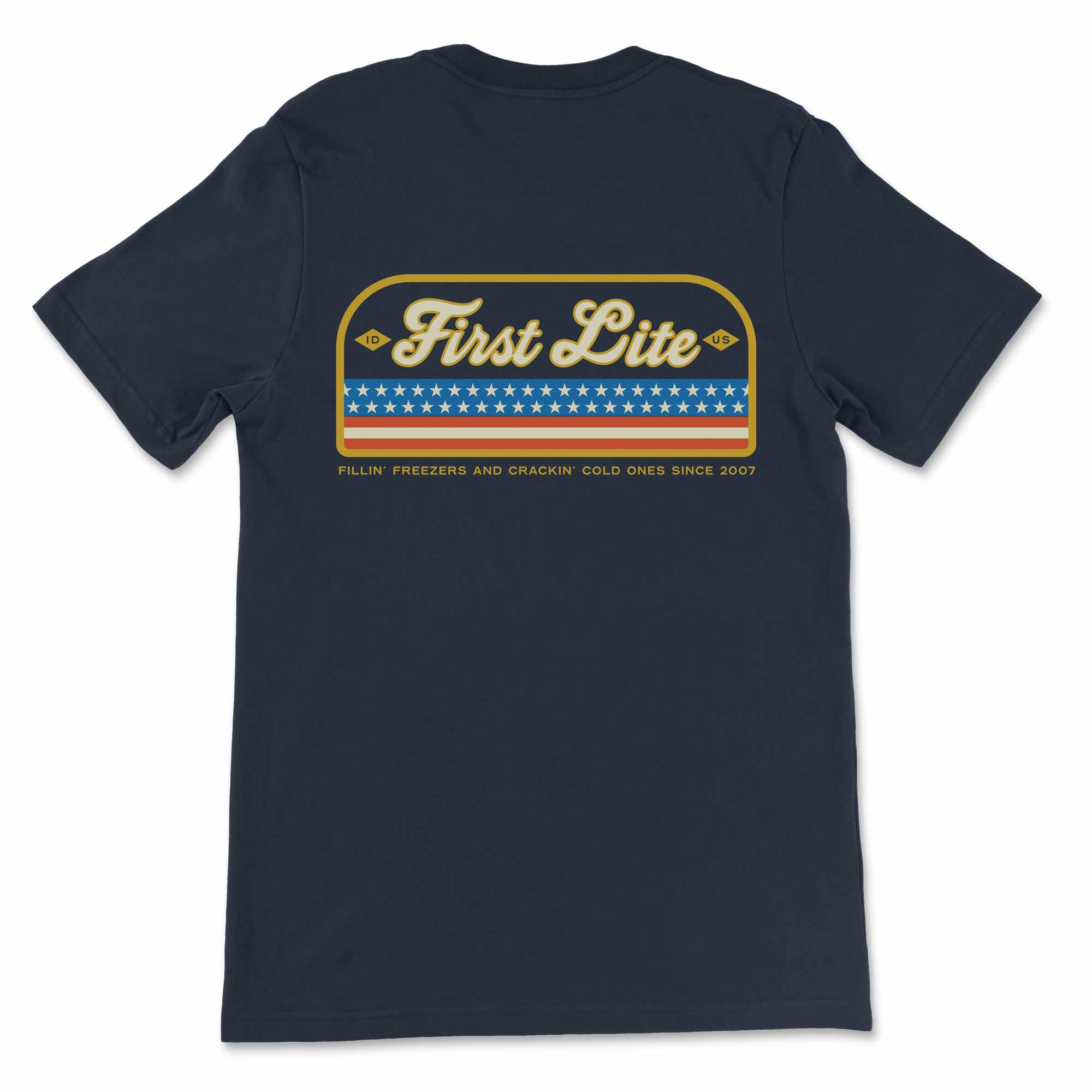Navy blue t-shirt with 'First Lite' logo featuring stars and stripes design on a white background