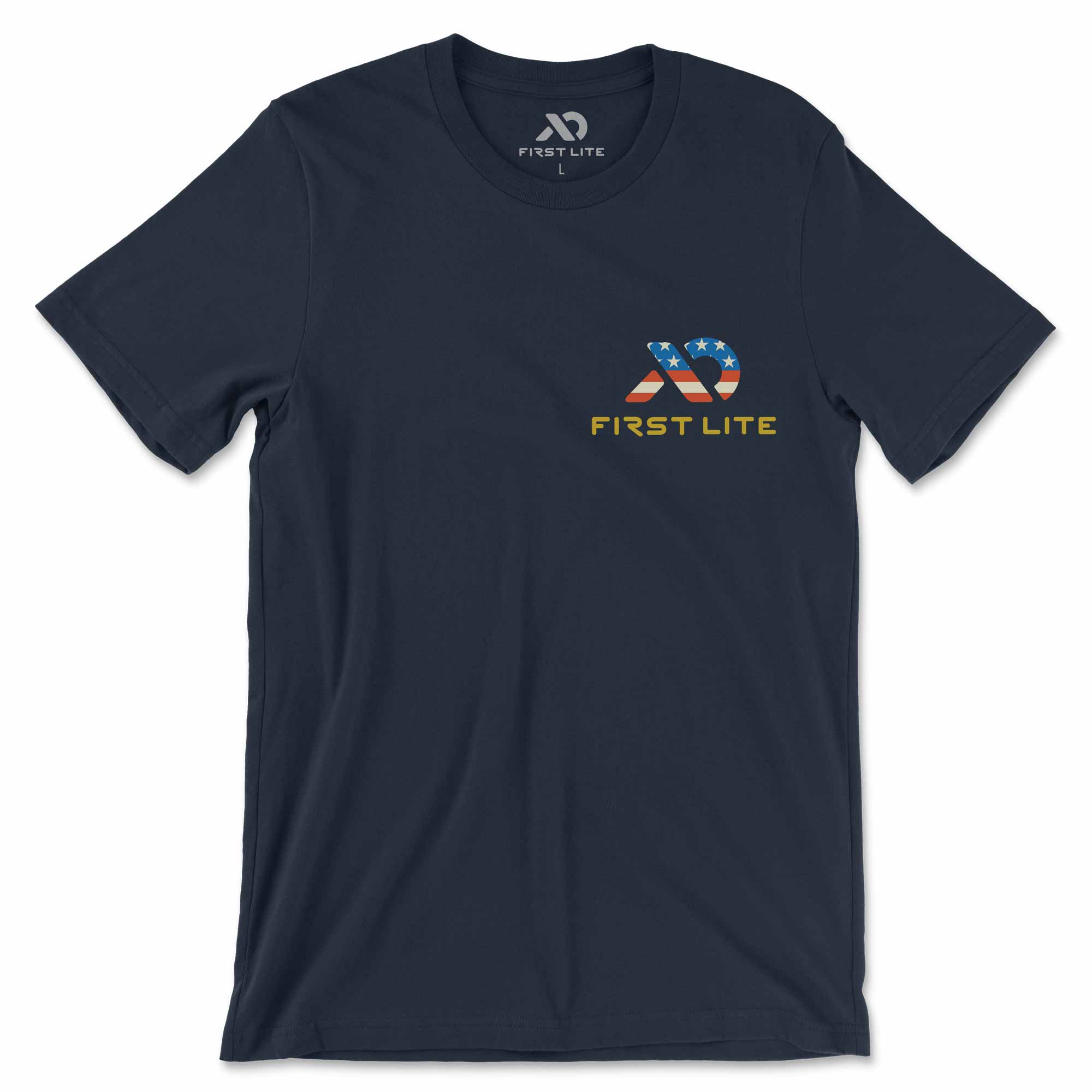 Navy t-shirt with a First Lite flag logo on a white background