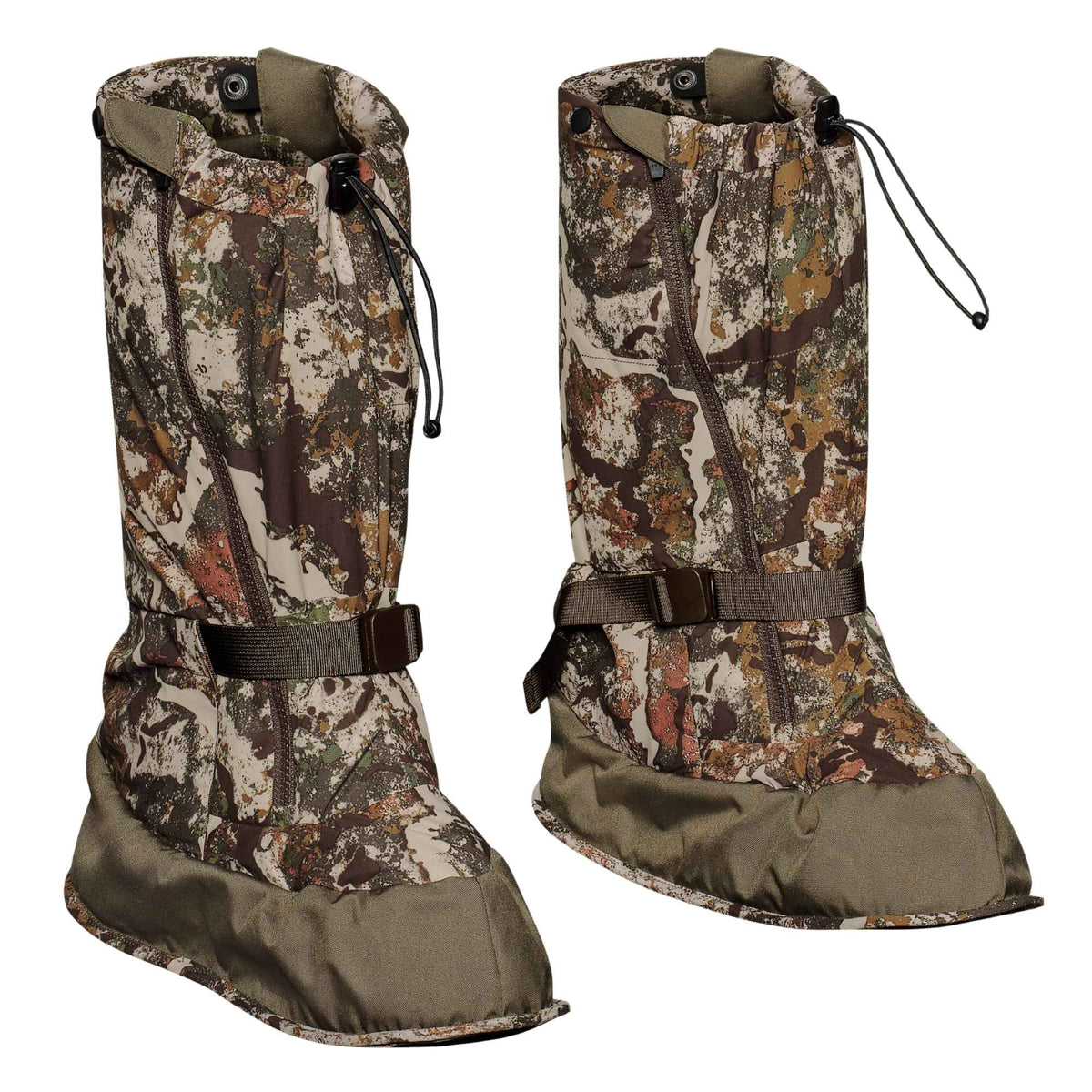 Camo  overboots with bornw straps on a white background.