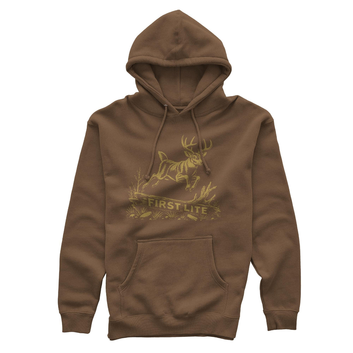 Brown hoodie featuring a deer in yellow tones jumping over a log and the log has "FIRST LITE" text on it, a hood with drawstrings, and a kangaroo pocket.